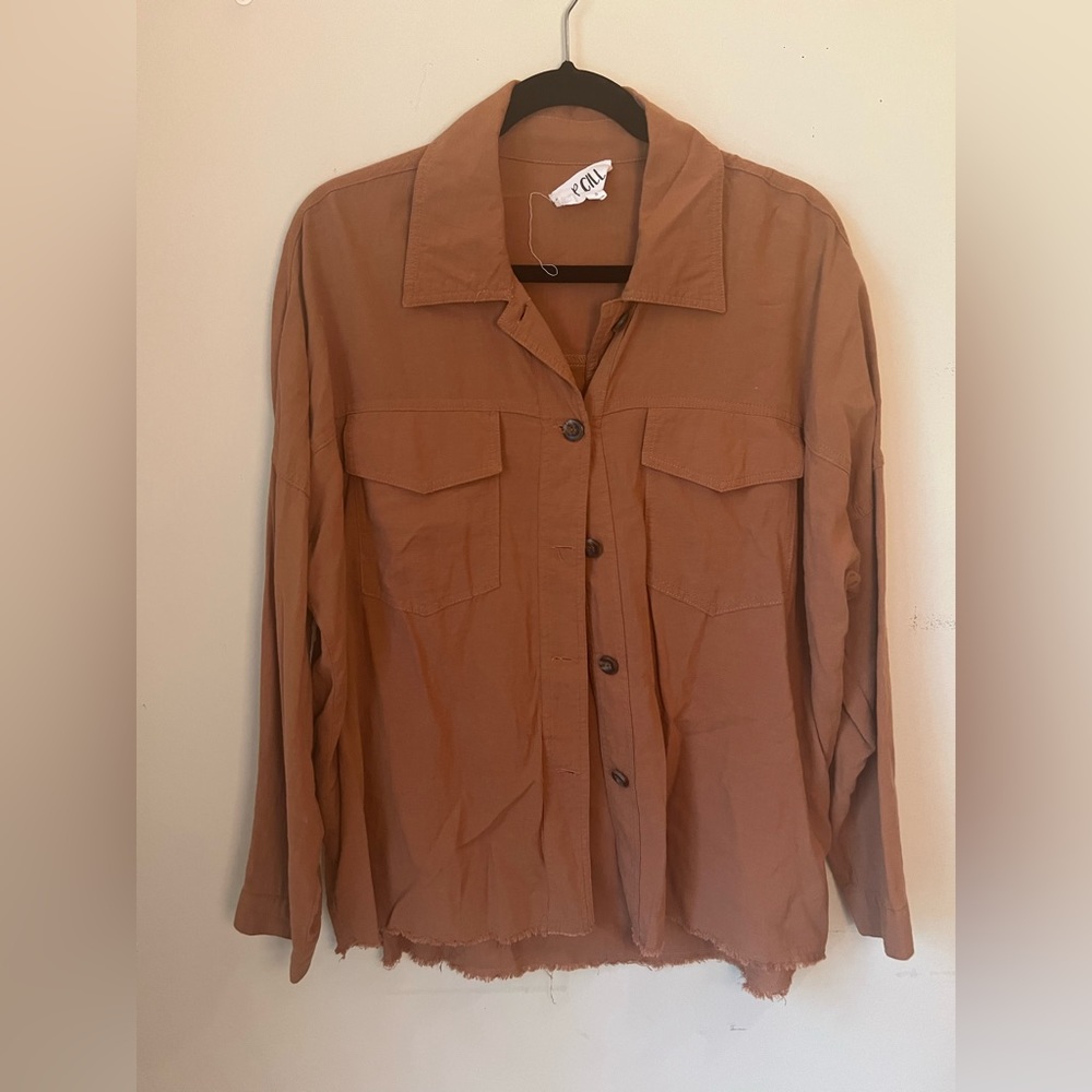 Women’s P CILL Burnt Orange Distressed Button-Up in Size S